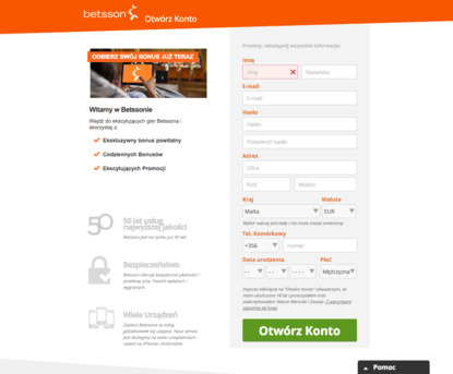 Betsson pierwsza rejestracja